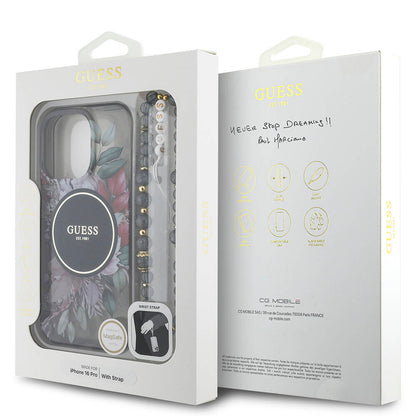 Apple iPhone 16 Pro Kılıf Guess Orjinal Lisanslı M-safe Şarj Özellikli IML Baskılı Çiçek İnci Bileklikli Kapak Yeşil