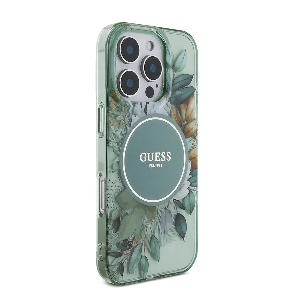 Apple iPhone 16 Pro Kılıf Guess Orjinal Lisanslı M-safe Şarj Özellikli IML Baskılı Çiçek İnci Bileklikli Kapak Pembe