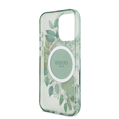 Apple iPhone 16 Pro Kılıf Guess Orjinal Lisanslı M-safe Şarj Özellikli IML Baskılı Çiçek İnci Bileklikli Kapak Siyah