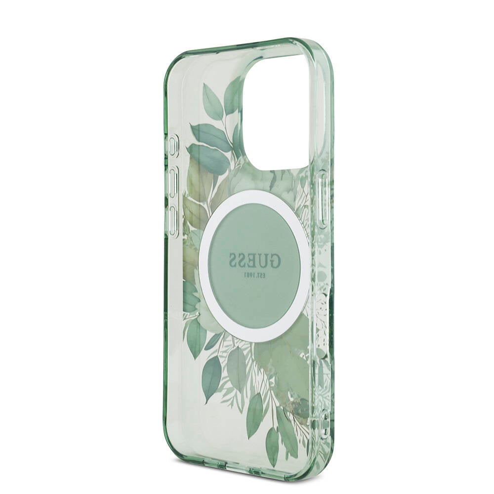 Apple iPhone 16 Pro Kılıf Guess Orjinal Lisanslı M-safe Şarj Özellikli IML Baskılı Çiçek İnci Bileklikli Kapak Pembe