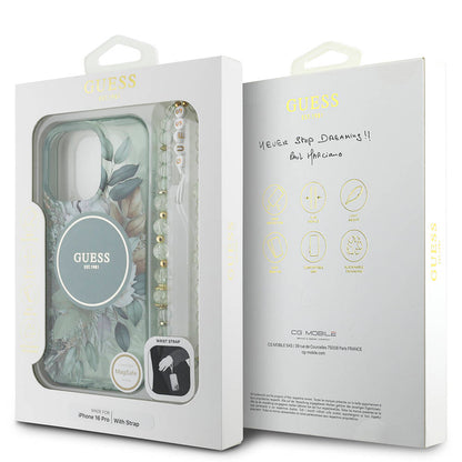Apple iPhone 16 Pro Kılıf Guess Orjinal Lisanslı M-safe Şarj Özellikli IML Baskılı Çiçek İnci Bileklikli Kapak Yeşil