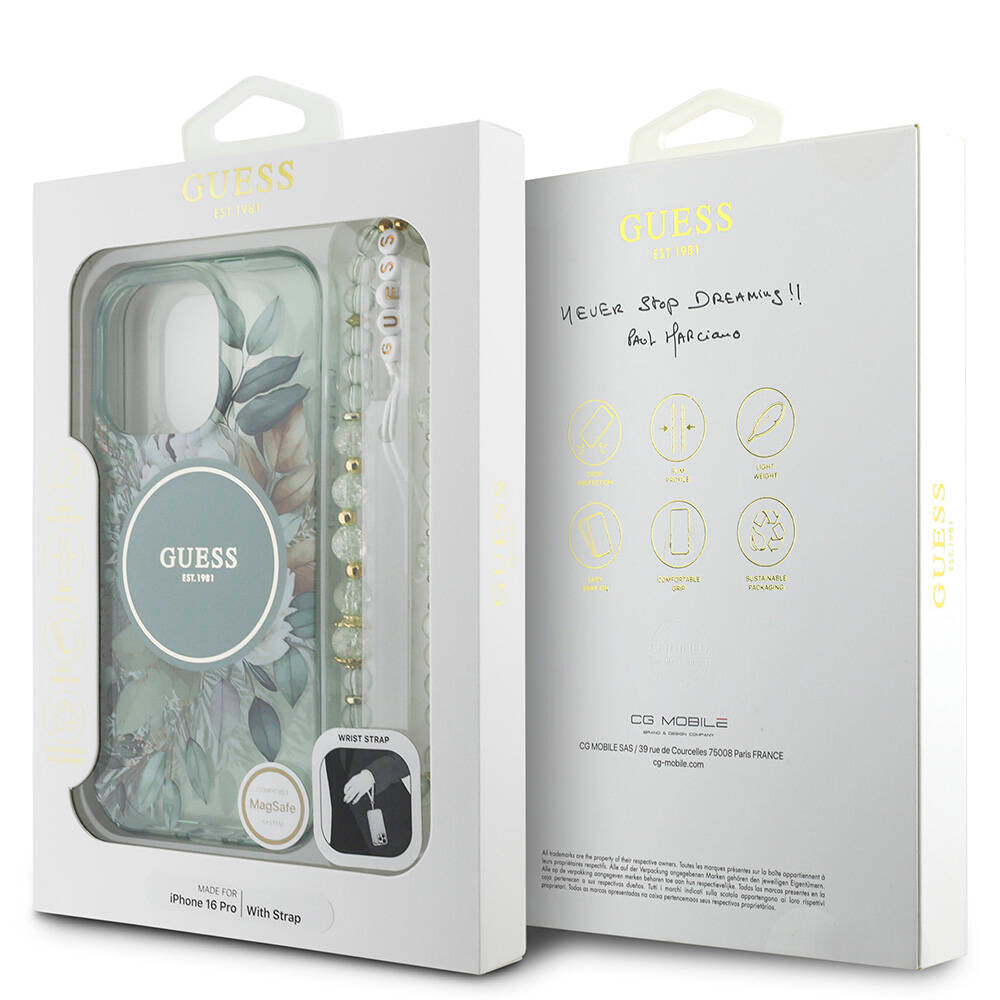Apple iPhone 16 Pro Kılıf Guess Orjinal Lisanslı M-safe Şarj Özellikli IML Baskılı Çiçek İnci Bileklikli Kapak Pembe