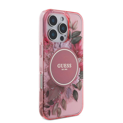 Apple iPhone 16 Pro Kılıf Guess Orjinal Lisanslı M-safe Şarj Özellikli IML Baskılı Çiçek İnci Bileklikli Kapak Pembe