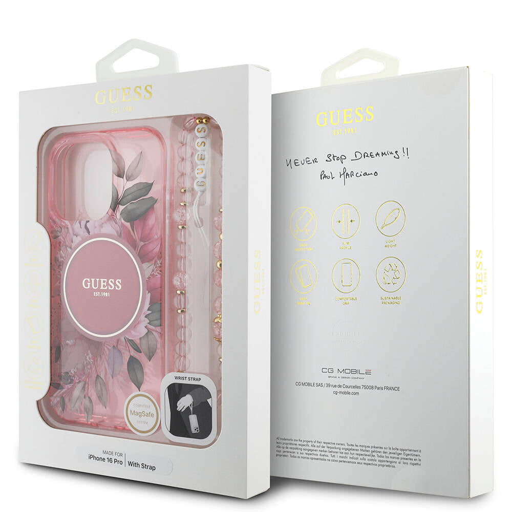 Apple iPhone 16 Pro Kılıf Guess Orjinal Lisanslı M-safe Şarj Özellikli IML Baskılı Çiçek İnci Bileklikli Kapak Mor
