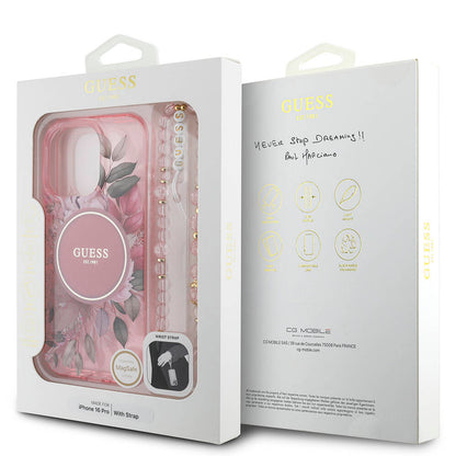 Apple iPhone 16 Pro Kılıf Guess Orjinal Lisanslı M-safe Şarj Özellikli IML Baskılı Çiçek İnci Bileklikli Kapak Mor