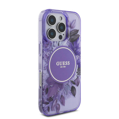 Apple iPhone 16 Pro Kılıf Guess Orjinal Lisanslı M-safe Şarj Özellikli IML Baskılı Çiçek İnci Bileklikli Kapak Siyah