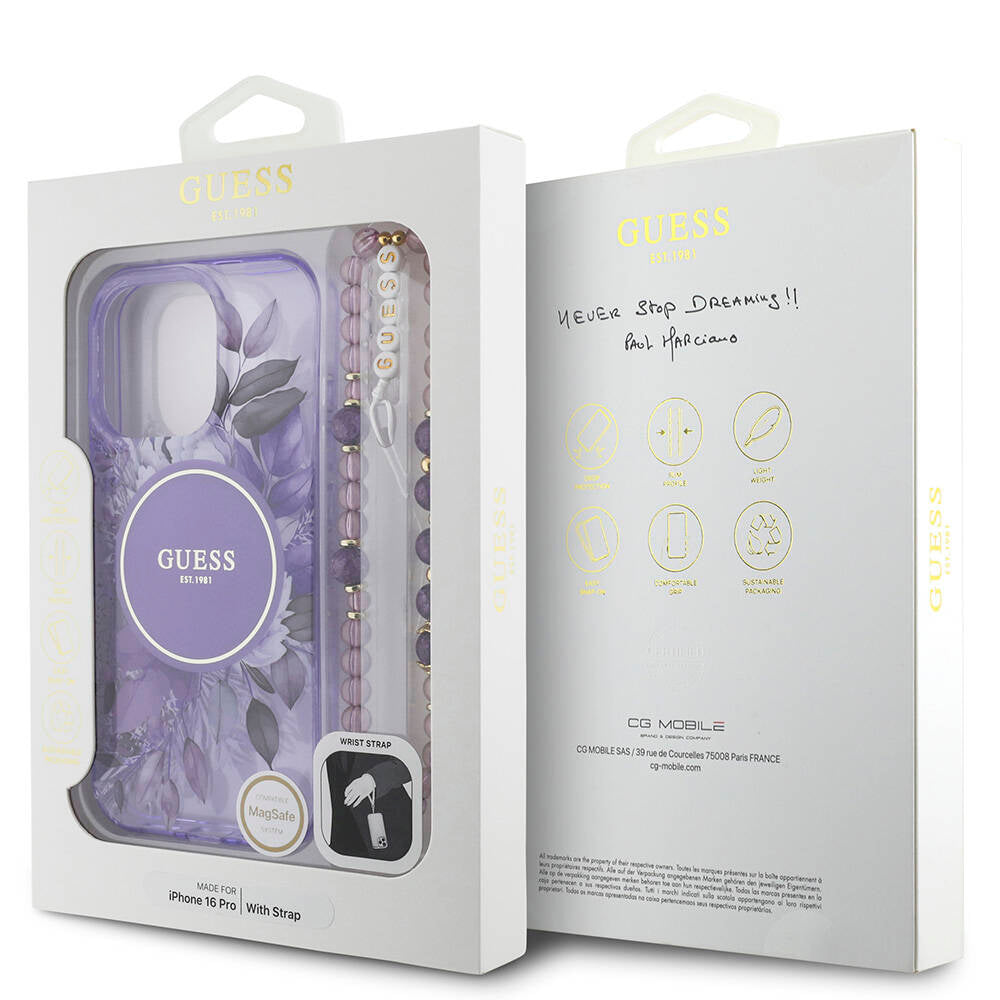 Apple iPhone 16 Pro Kılıf Guess Orjinal Lisanslı M-safe Şarj Özellikli IML Baskılı Çiçek İnci Bileklikli Kapak Pembe