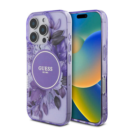 Apple iPhone 16 Pro Kılıf Guess Orjinal Lisanslı M-safe Şarj Özellikli IML Baskılı Çiçek İnci Bileklikli Kapak Pembe