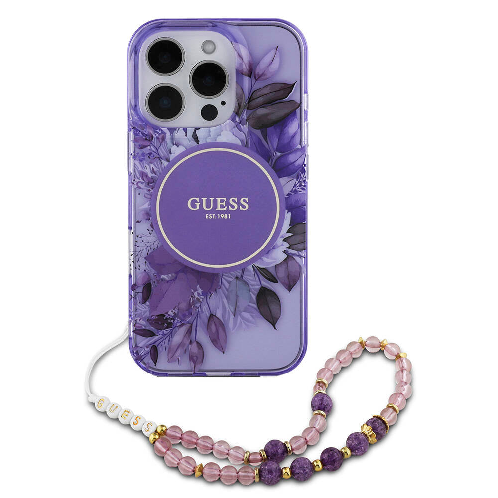 Apple iPhone 16 Pro Kılıf Guess Orjinal Lisanslı M-safe Şarj Özellikli IML Baskılı Çiçek İnci Bileklikli Kapak Mor