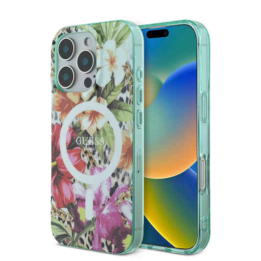 Apple iPhone 16 Pro Kılıf Guess Orjinal Lisanslı M-safe Şarj Özellikli IML Baskılı Jungle Ring Kapak Mor