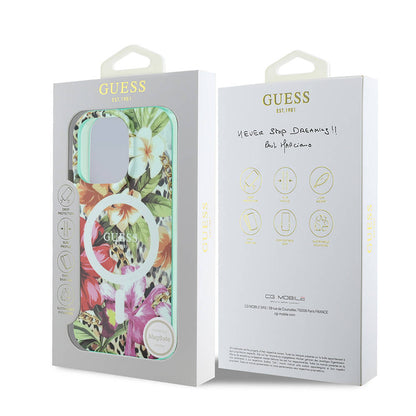 Apple iPhone 16 Pro Kılıf Guess Orjinal Lisanslı M-safe Şarj Özellikli IML Baskılı Jungle Ring Kapak Mor