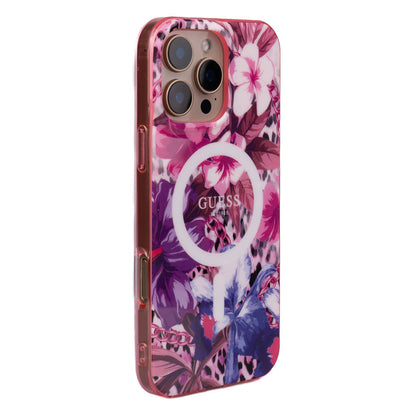 Apple iPhone 16 Pro Kılıf Guess Orjinal Lisanslı M-safe Şarj Özellikli IML Baskılı Jungle Ring Kapak Mor