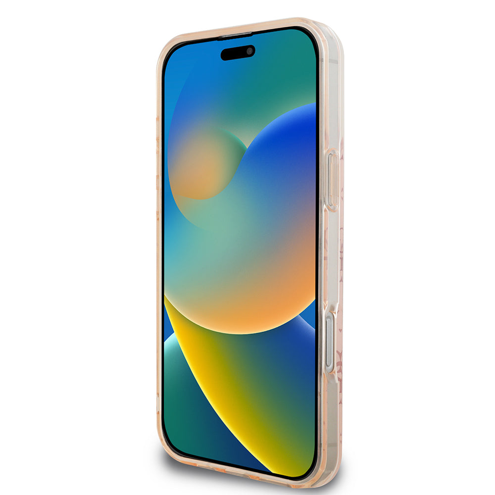 Apple iPhone 16 Pro Kılıf Guess Orjinal Lisanslı M-safe Şarj Özellikli IML Baskılı Klasik Logolu 4G Desenli Kapak Pembe