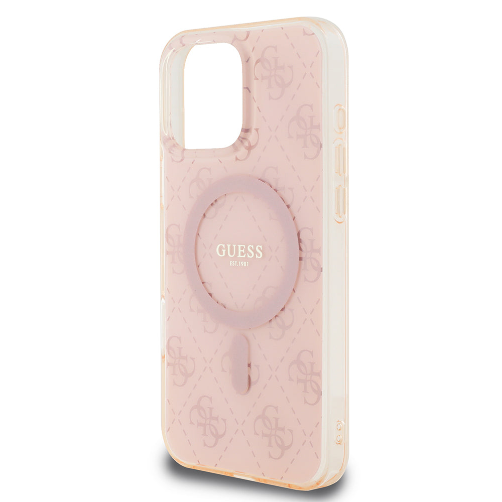Apple iPhone 16 Pro Kılıf Guess Orjinal Lisanslı M-safe Şarj Özellikli IML Baskılı Klasik Logolu 4G Desenli Kapak Pembe