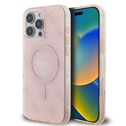 Apple iPhone 16 Pro Kılıf Guess Orjinal Lisanslı M-safe Şarj Özellikli IML Baskılı Klasik Logolu 4G Desenli Kapak Pembe