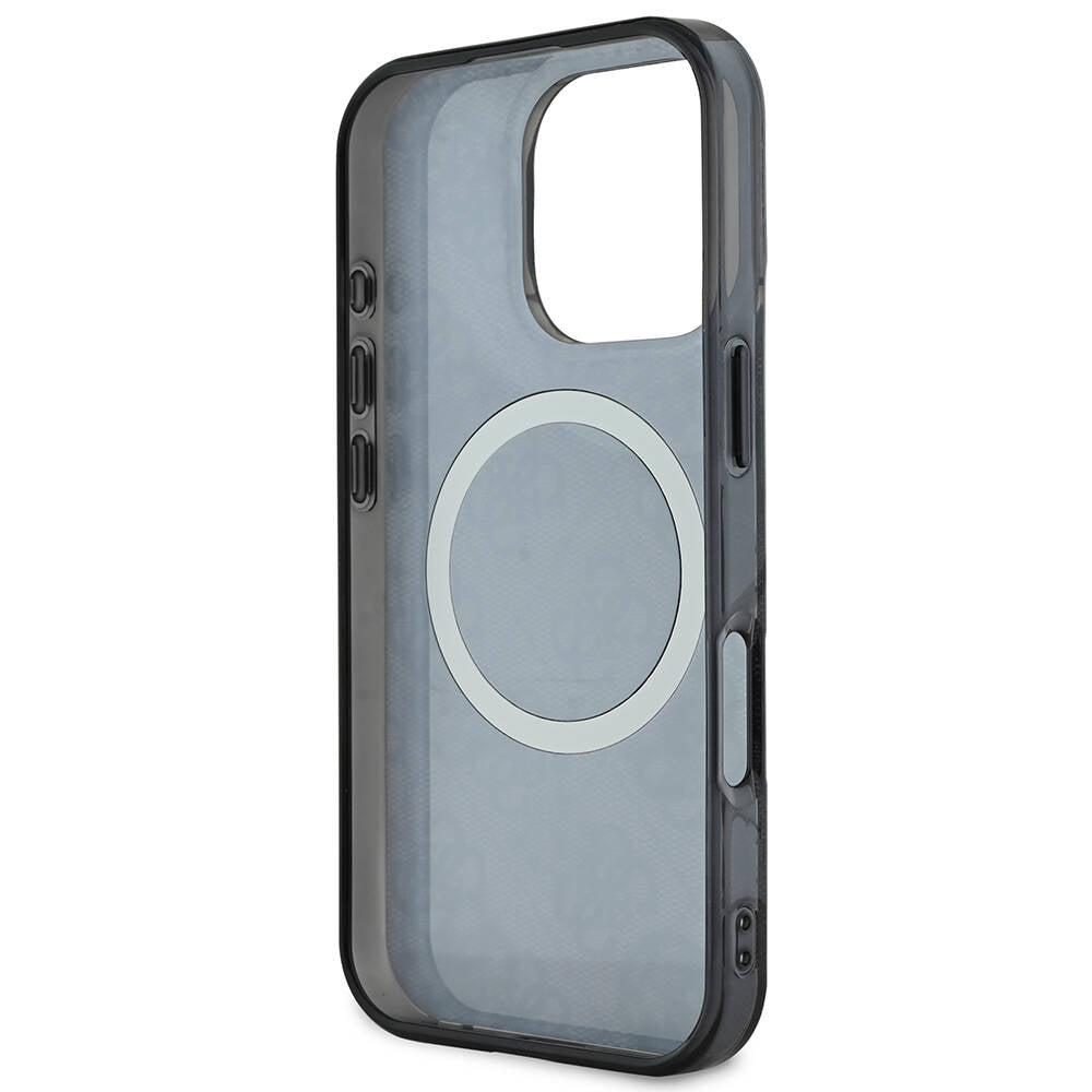 Apple iPhone 16 Pro Kılıf Guess Orjinal Lisanslı M-safe Şarj Özellikli IML Peony ve 4G Desenli Klasik Logolu Kapak Siyah