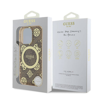 Apple iPhone 16 Pro Kılıf Guess Orjinal Lisanslı M-safe Şarj Özellikli IML Peony ve 4G Desenli Klasik Logolu Kapak Kahverengi