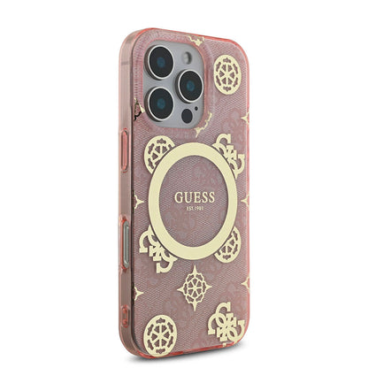 Apple iPhone 16 Pro Kılıf Guess Orjinal Lisanslı M-safe Şarj Özellikli IML Peony ve 4G Desenli Klasik Logolu Kapak Siyah