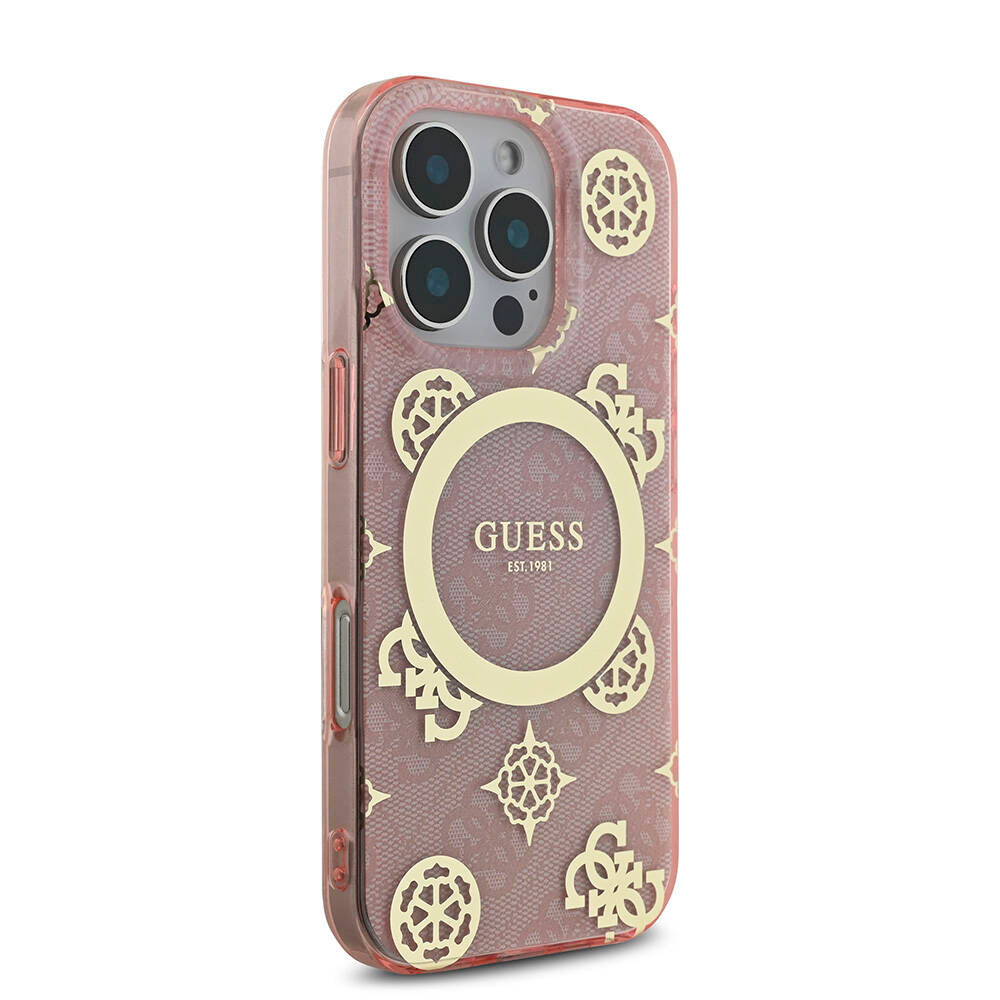 Apple iPhone 16 Pro Kılıf Guess Orjinal Lisanslı M-safe Şarj Özellikli IML Peony ve 4G Desenli Klasik Logolu Kapak Pembe