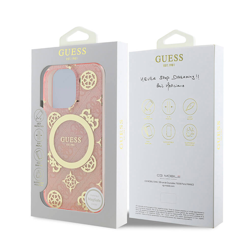 Apple iPhone 16 Pro Kılıf Guess Orjinal Lisanslı M-safe Şarj Özellikli IML Peony ve 4G Desenli Klasik Logolu Kapak Siyah