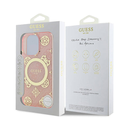 Apple iPhone 16 Pro Kılıf Guess Orjinal Lisanslı M-safe Şarj Özellikli IML Peony ve 4G Desenli Klasik Logolu Kapak Kahverengi