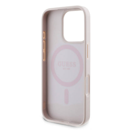 Apple iPhone 16 Pro Kılıf Guess Orjinal Lisanslı M-safe Şarj Özellikli PU Deri 4G Desenli Taşlı Üçgen Logolu Kapak Pembe