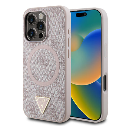 Apple iPhone 16 Pro Kılıf Guess Orjinal Lisanslı M-safe Şarj Özellikli PU Üçgen Logo 4G Desenli Kapak Kahverengi