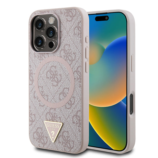 Apple iPhone 16 Pro Kılıf Guess Orjinal Lisanslı M-safe Şarj Özellikli PU Üçgen Logo 4G Desenli Kapak Kahverengi