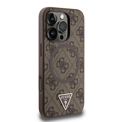 Apple iPhone 16 Pro Kılıf Guess Orjinal Lisanslı M-safe Şarj Özellikli PU Üçgen Logo 4G Desenli Kapak Kahverengi