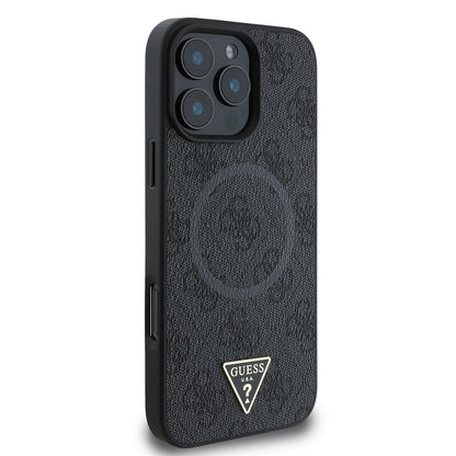 Apple iPhone 16 Pro Kılıf Guess Orjinal Lisanslı M-safe Şarj Özellikli PU Üçgen Logo 4G Desenli Kapak Pembe