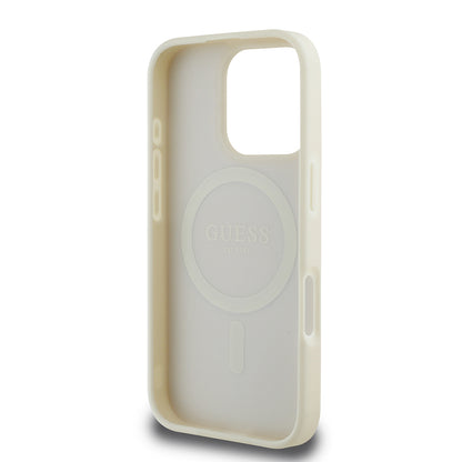 Apple iPhone 16 Pro Kılıf Guess Orjinal Lisanslı M-safe Şarj Özellikli Sıcak Baskılı Üçgen Logolu PU Deri Peony Kapak Bej