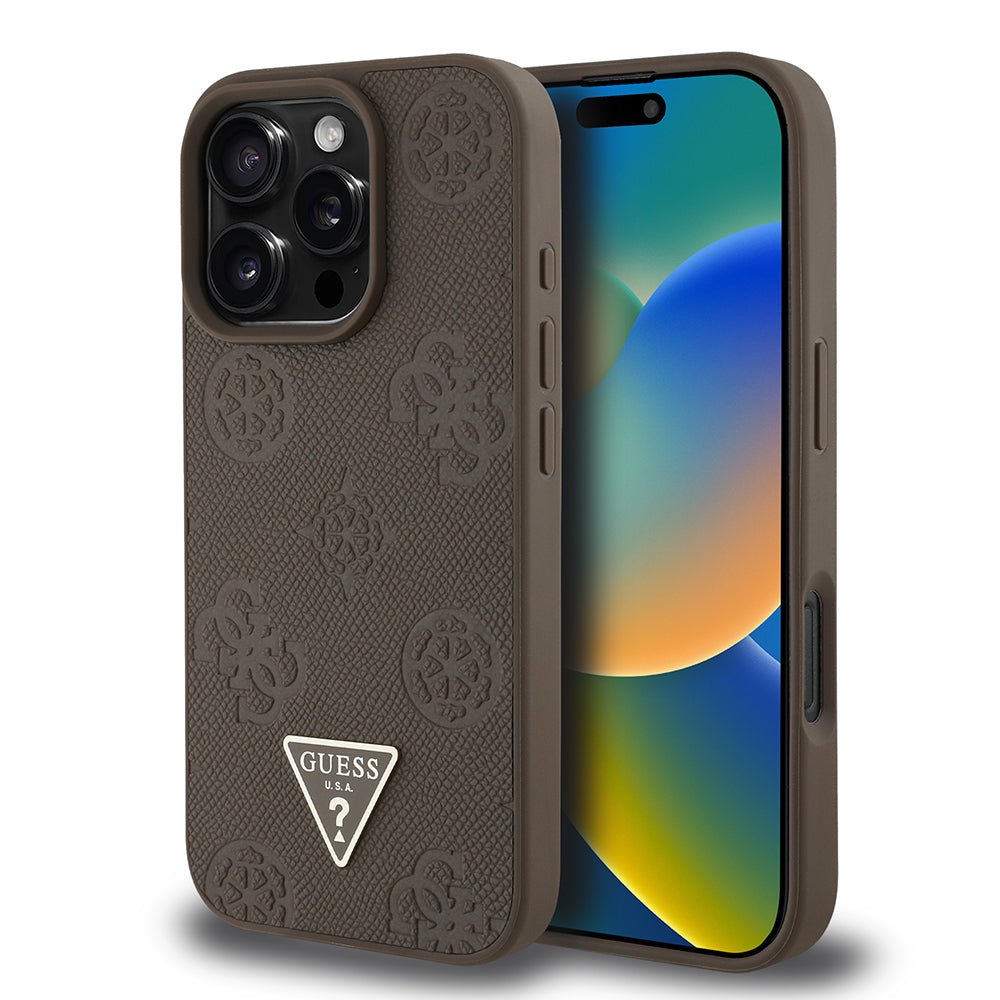 Apple iPhone 16 Pro Kılıf Guess Orjinal Lisanslı M-safe Şarj Özellikli Sıcak Baskılı Üçgen Logolu PU Deri Peony Kapak Bej