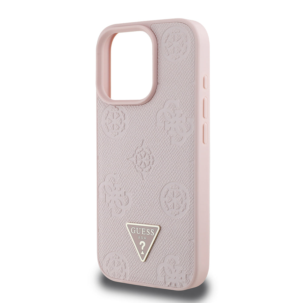 Apple iPhone 16 Pro Kılıf Guess Orjinal Lisanslı M-safe Şarj Özellikli Sıcak Baskılı Üçgen Logolu PU Deri Peony Kapak Pembe