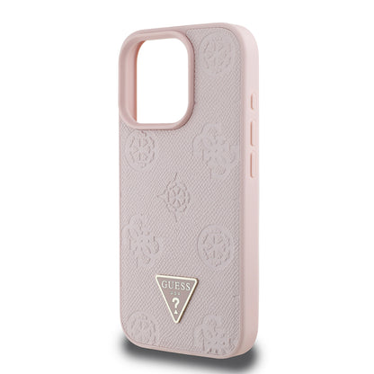 Apple iPhone 16 Pro Kılıf Guess Orjinal Lisanslı M-safe Şarj Özellikli Sıcak Baskılı Üçgen Logolu PU Deri Peony Kapak Pembe