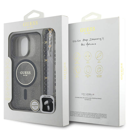 Apple iPhone 16 Pro Kılıf Guess Orjinal Lisanslı M-safe Şarj Özellikli Simli Silikon İnci Bileklikli Kapak Pembe