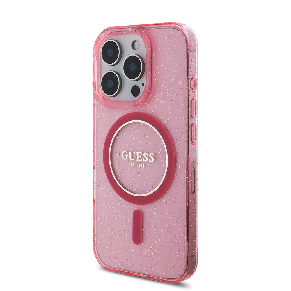 Apple iPhone 16 Pro Kılıf Guess Orjinal Lisanslı M-safe Şarj Özellikli Simli Silikon İnci Bileklikli Kapak Pembe