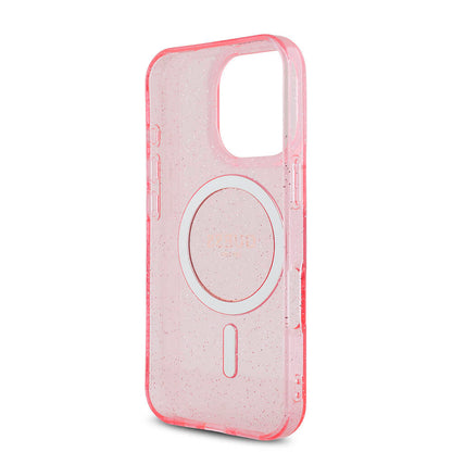 Apple iPhone 16 Pro Kılıf Guess Orjinal Lisanslı M-safe Şarj Özellikli Simli Silikon İnci Bileklikli Kapak Pembe