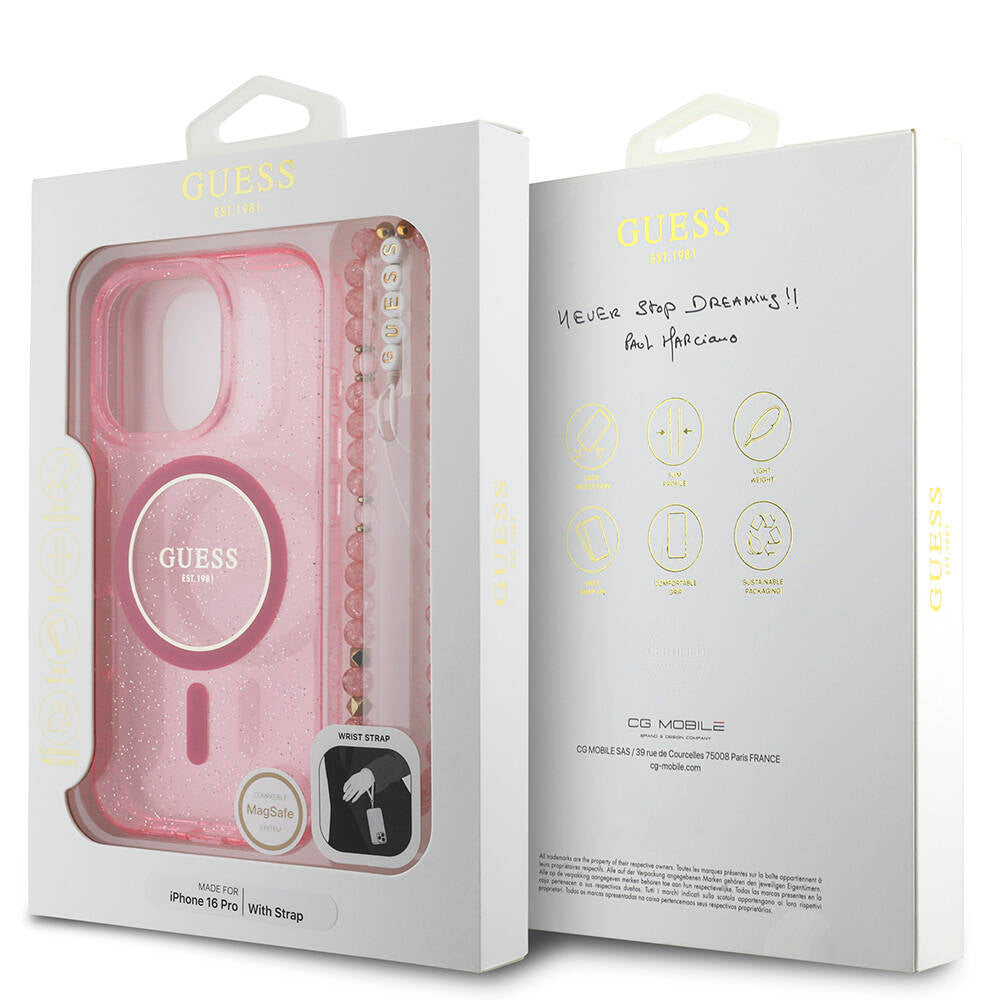 Apple iPhone 16 Pro Kılıf Guess Orjinal Lisanslı M-safe Şarj Özellikli Simli Silikon İnci Bileklikli Kapak Pembe
