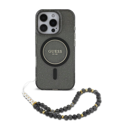 Apple iPhone 16 Pro Kılıf Guess Orjinal Lisanslı M-safe Şarj Özellikli Simli Silikon İnci Bileklikli Kapak Siyah