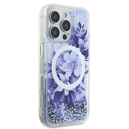 Apple iPhone 16 Pro Kılıf Guess Orjinal Lisanslı M-safe Şarj Özellikli Sıvılı Simli Çiçek Desenli Kapak Yeşil