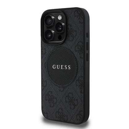Apple iPhone 16 Pro Kılıf Guess Orjinal Lisanslı M-safe Şarj Özellikli Yazı Logolu Circle Classic Kapak Kahverengi