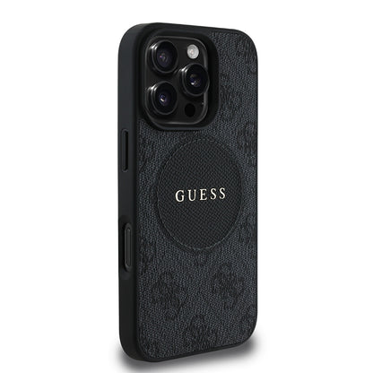 Apple iPhone 16 Pro Kılıf Guess Orjinal Lisanslı M-safe Şarj Özellikli Yazı Logolu Circle Classic Kapak Siyah