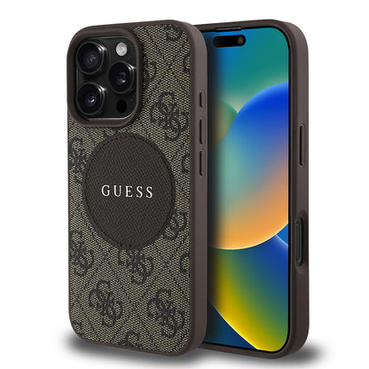 Apple iPhone 16 Pro Kılıf Guess Orjinal Lisanslı M-safe Şarj Özellikli Yazı Logolu Circle Classic Kapak Siyah