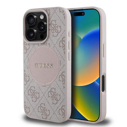 Apple iPhone 16 Pro Kılıf Guess Orjinal Lisanslı M-safe Şarj Özellikli Yazı Logolu Circle Classic Kapak Kahverengi