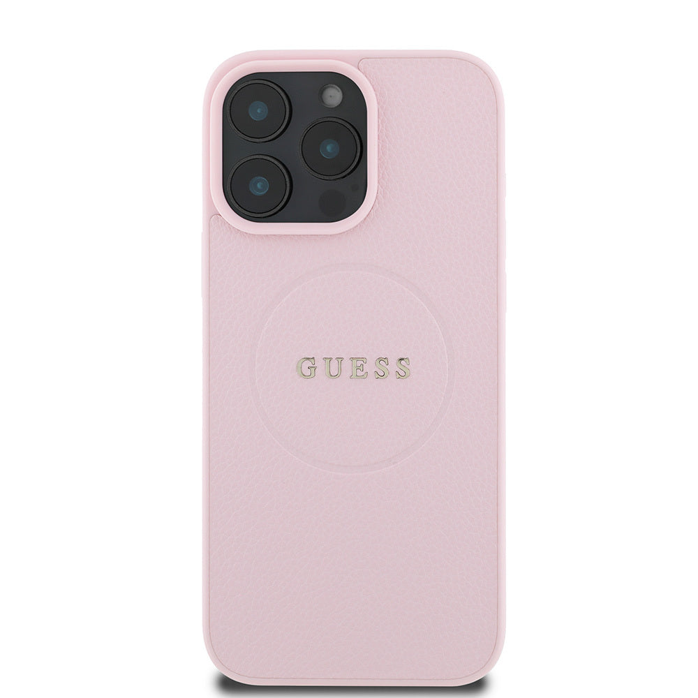 Apple iPhone 16 Pro Kılıf Guess Orjinal Lisanslı M-safe Şarj Özellikli Yazı Logolu Grained Kapak Pembe