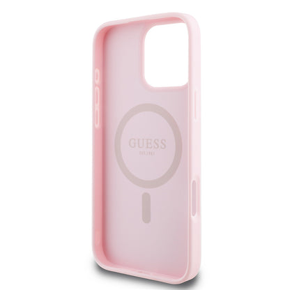 Apple iPhone 16 Pro Kılıf Guess Orjinal Lisanslı M-safe Şarj Özellikli Yazı Logolu Grained Kapak Pembe