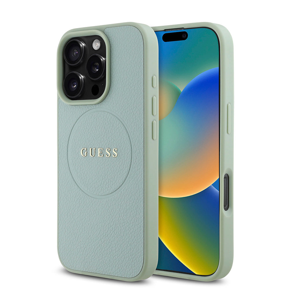 Apple iPhone 16 Pro Kılıf Guess Orjinal Lisanslı M-safe Şarj Özellikli Yazı Logolu Grained Kapak Siyah