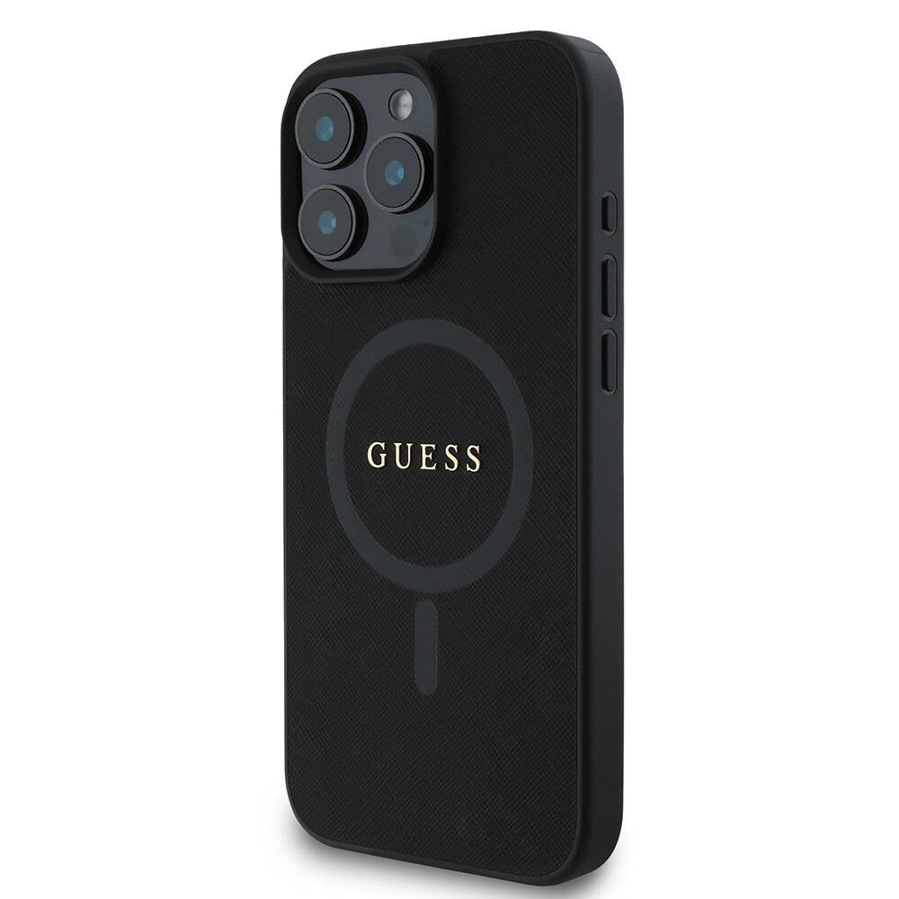 Apple iPhone 16 Pro Kılıf Guess Orjinal Lisanslı M-safe Şarj Özellikli Yazı Logolu Saffiano Classic Kapak Siyah