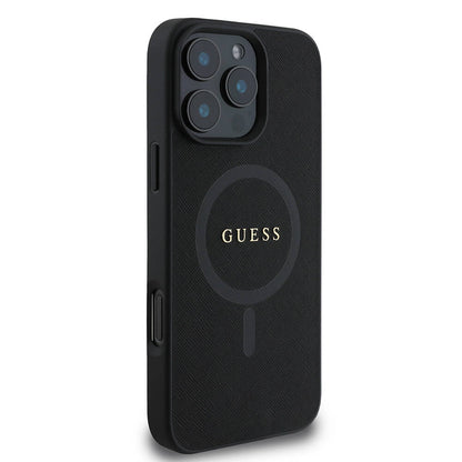 Apple iPhone 16 Pro Kılıf Guess Orjinal Lisanslı M-safe Şarj Özellikli Yazı Logolu Saffiano Classic Kapak Siyah