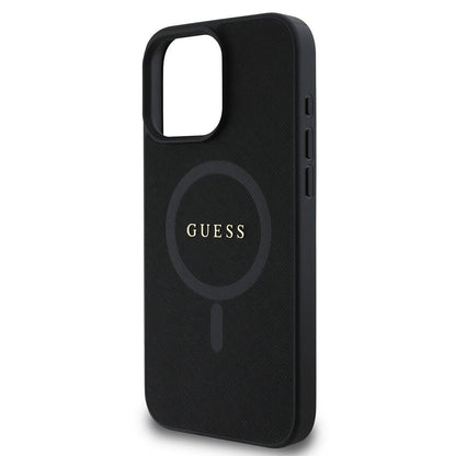 Apple iPhone 16 Pro Kılıf Guess Orjinal Lisanslı M-safe Şarj Özellikli Yazı Logolu Saffiano Classic Kapak Siyah